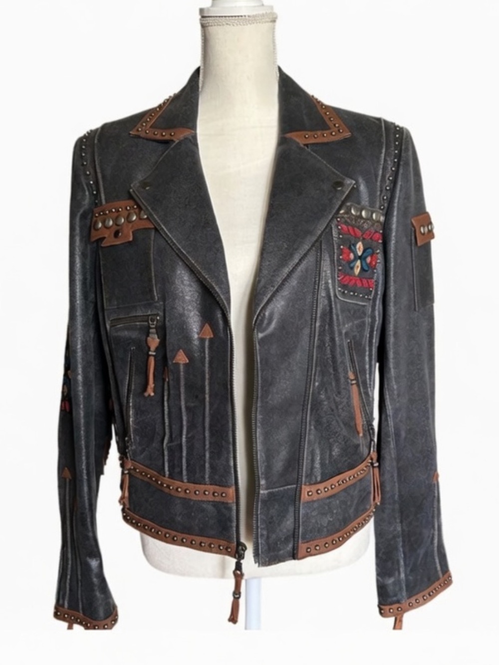 Double D Ranch leather Buffalo Chase Jacket studs beaded buffalo horse cowboy - Picture 7 of 16
